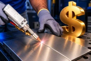 Solda a laser em chapa de inox com símbolo de cifrão ao lado, representando o retorno do investimento