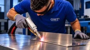 Operador da GMT soldando a laser com óculos de proteção e luvas