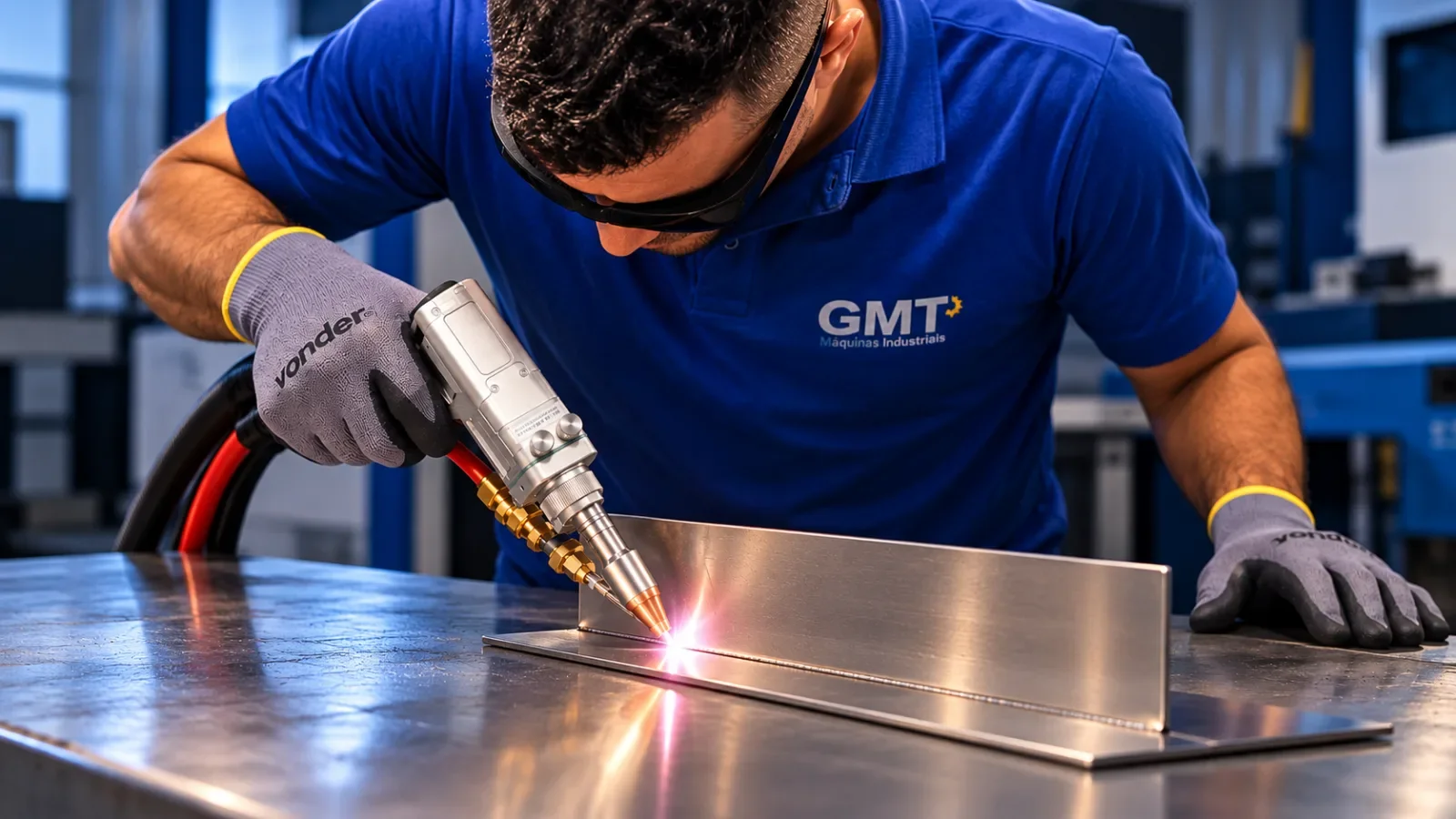 Operador da GMT soldando a laser com óculos de proteção e luvas